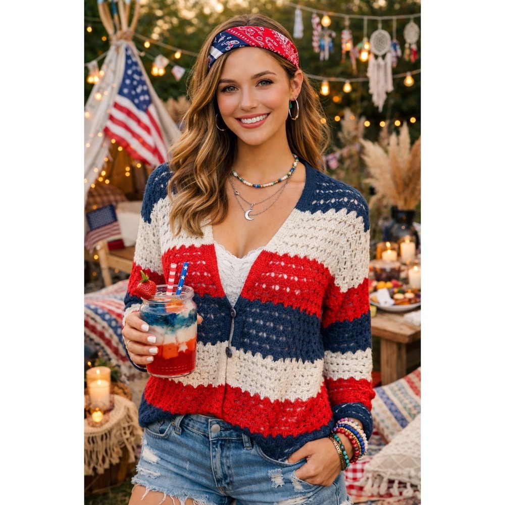 Crochet‎ Fourth of July Open Knit Cardigan Sweater XL Red White Blue Striped